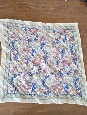 Vismaya Floral Print Lightweight Scarf in Cream, Blue & Pink - 100% Cotton